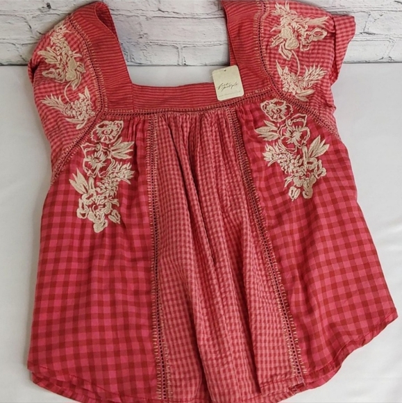 'FREE PEOPLE' 'BEĹĹA' EMBROIDED SQUARE-NECK PEASANT TOP FLUTTER-SLEEVE GINGHAM - Picture 16 of 16